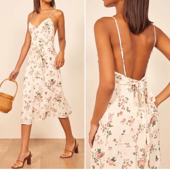 Reformation Dietrich Midi Slip Dress with Tie Sash Floral White Pink NWT! - Picture 1 of 8